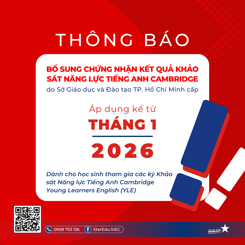 “Chứng nhận Kết quả Khảo sát Năng lực Tiếng Anh Cambridge" do Sở Giáo dục và Đào tạo TP. Hồ Chí Minh cấp